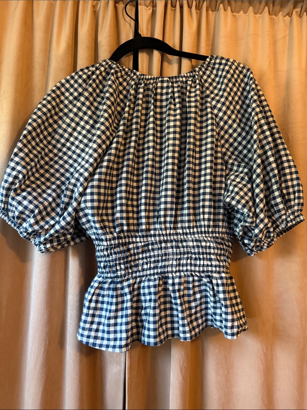Old Navy Blue and White Gingham Peplum Puff-Sleeve Top - Picture 3 of 3
